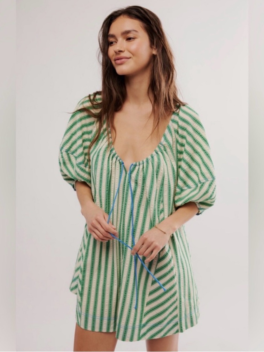 ISO Free People Green and White Striped Bop Around Romper